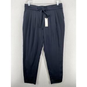 THE RESET R LABEL Pants L Satin Tie Trouser Pleated Tapered Navy Blue NEW